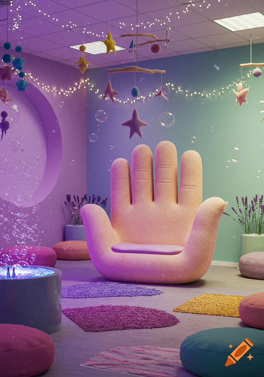 A whimsical sensory room with a large peach-colored hand chair, colorful floor cushions, string lights, and bubbles. The walls are pastel purple and teal.