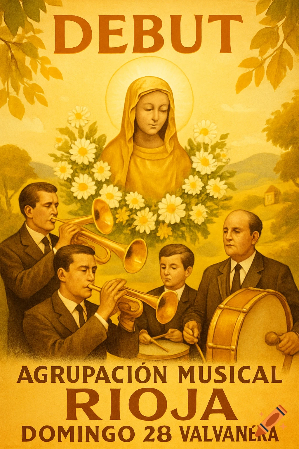 A vintage poster with the Virgin Mary, flowers, and men playing trumpets and a drum, announcing 'DEBUT AGURPACIÓN MUSICAL RIOJA'.