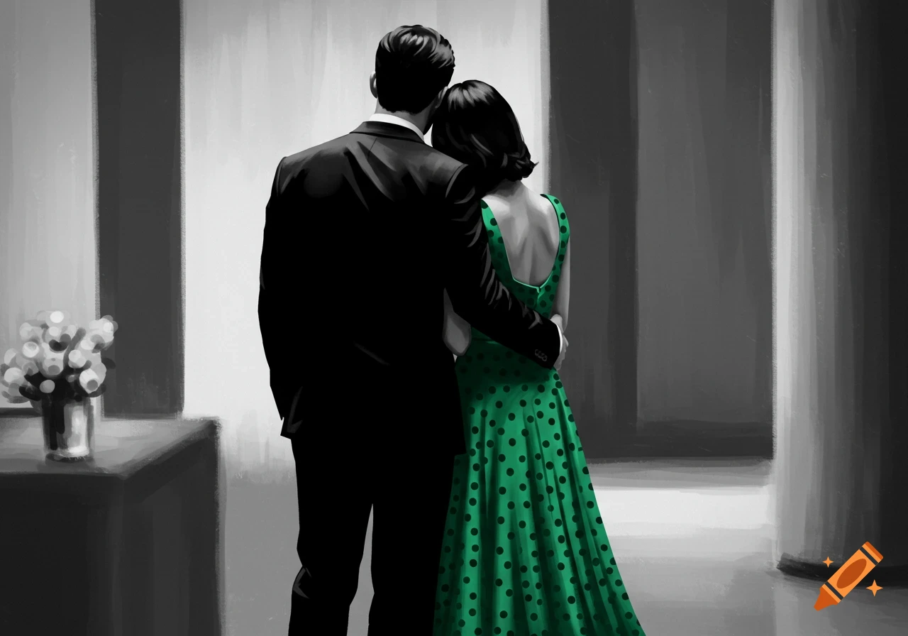 Digital painting of a couple, seen from behind, embracing. The woman wears a green polka-dot dress, while the rest is grayscale.