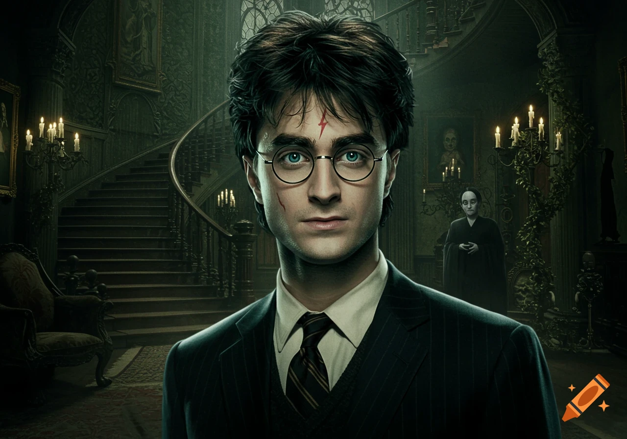 Harry Potter with glasses and lightning scar in a dark gothic mansion, with a distant figure reminiscent of Wednesday Addams.