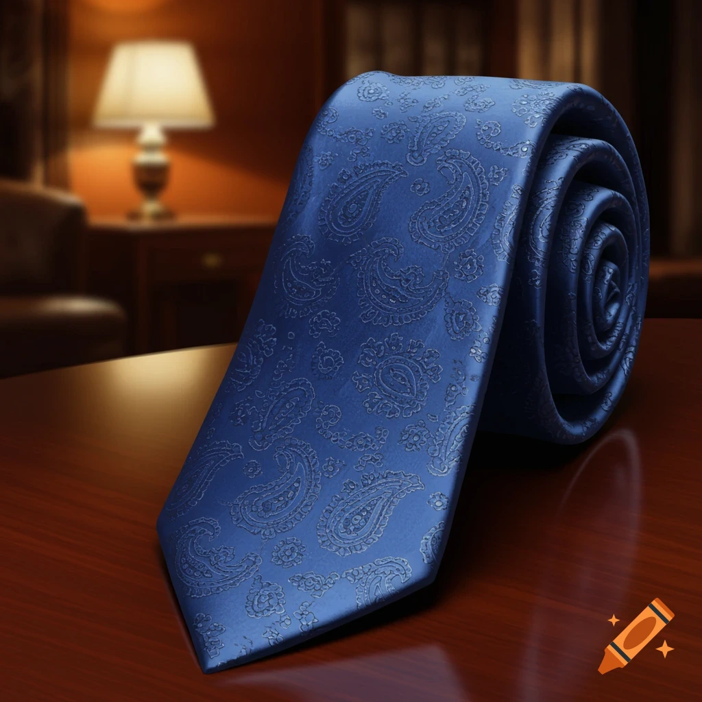 A blue silk tie with a paisley pattern is coiled on a polished wooden table, with a blurred lamp and chair in the background.