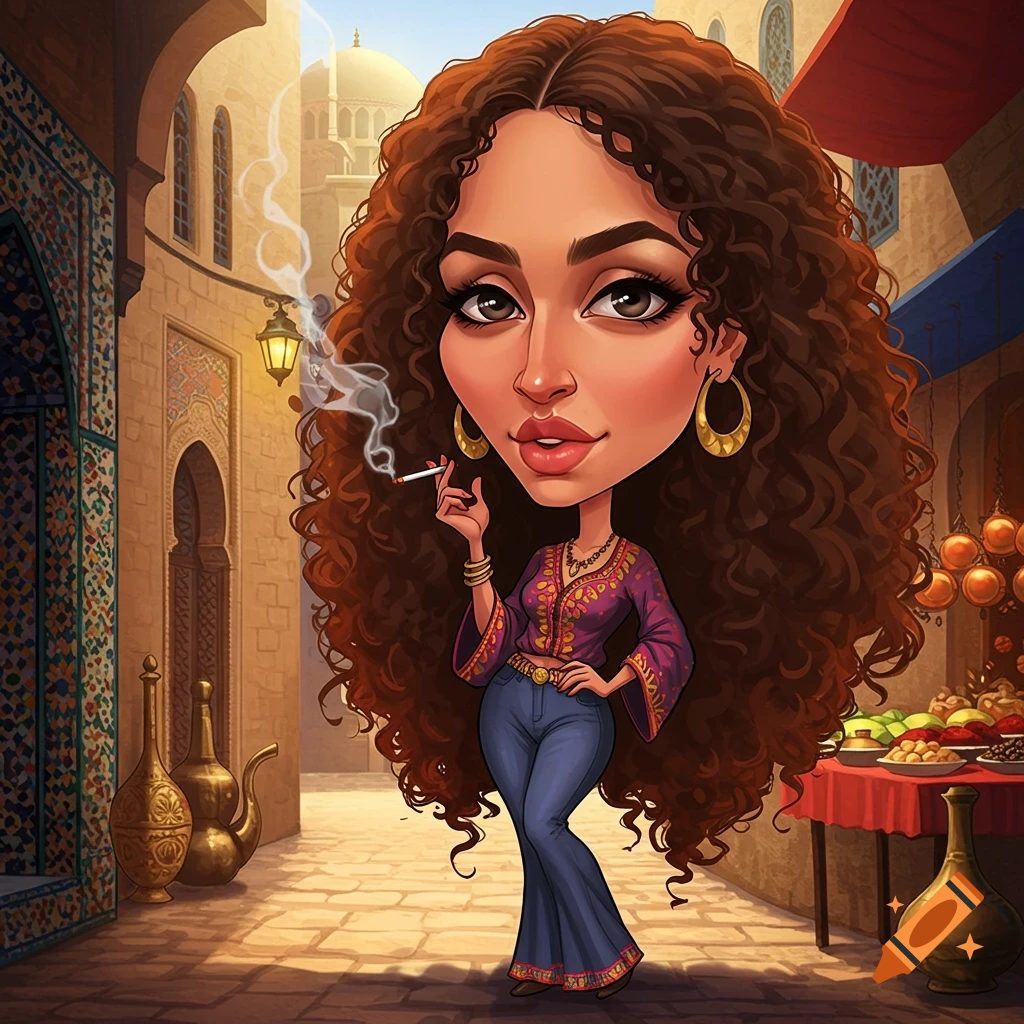 Caricature of a woman with curly hair smoking a cigarette in a bustling Middle Eastern market street.