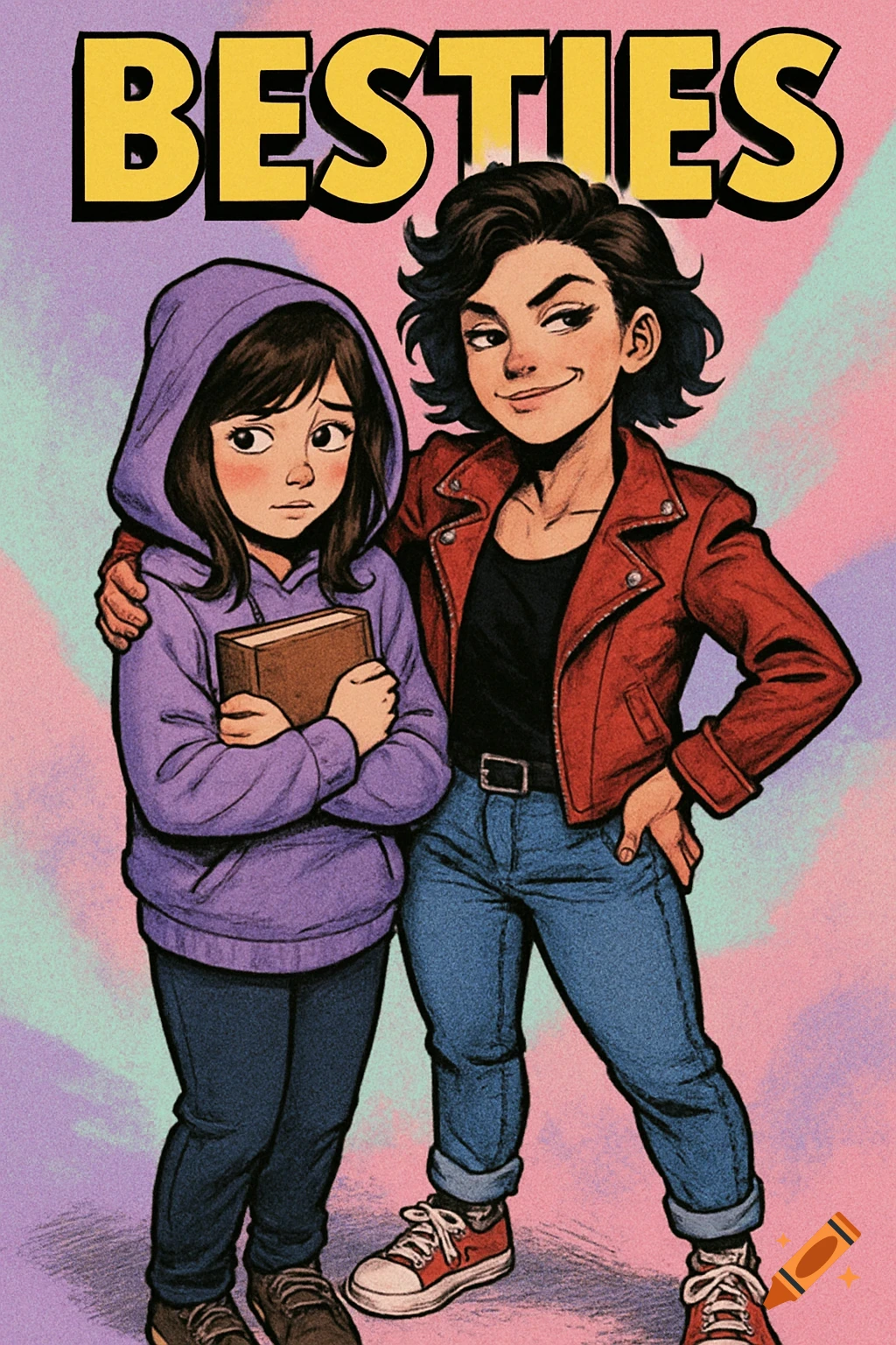 Comic book art of two best friends: a shy girl in purple and a confident girl in red. Text 'BESTIES'.