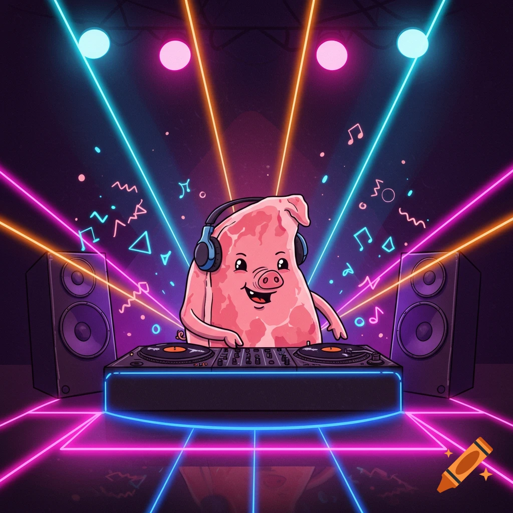 A cartoon pig wearing headphones DJs at a neon-lit rave with turntables and speakers in a synthwave style.