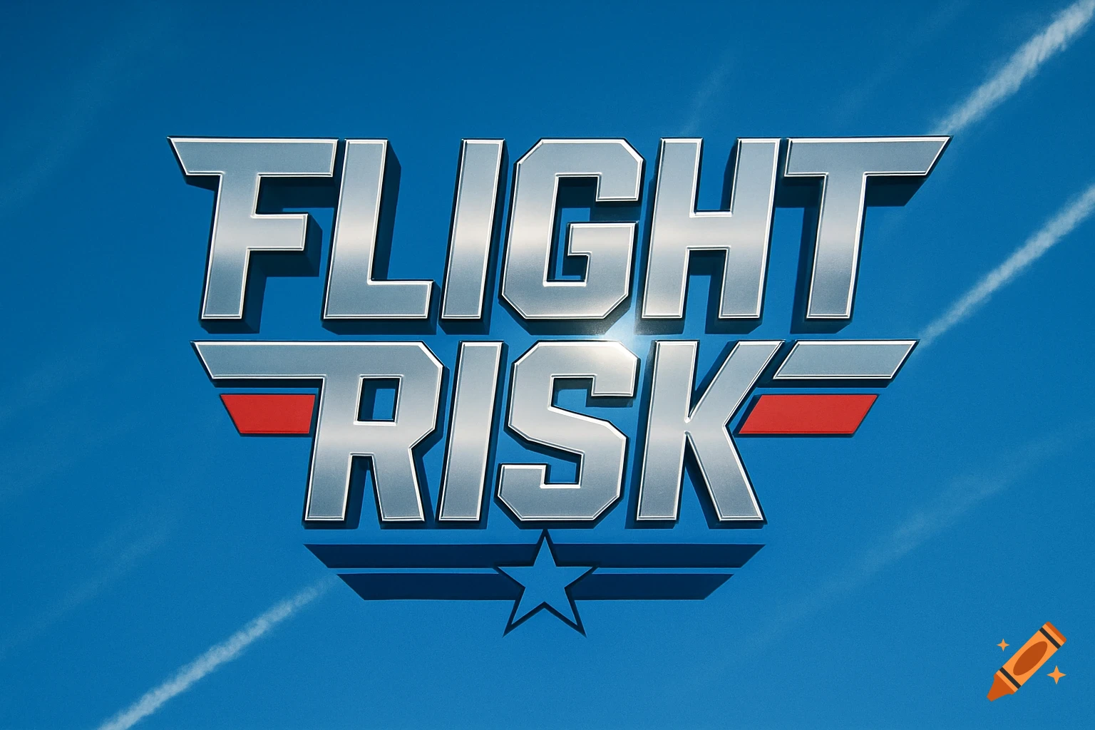 Metallic 'FLIGHT RISK' logo in Top Gun style against a blue sky with contrails and a star.