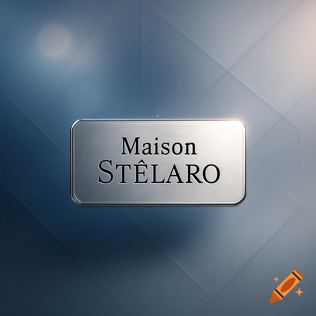 A sleek metallic plaque with 'Maison STÊLARO' on a modern, geometric blue background.