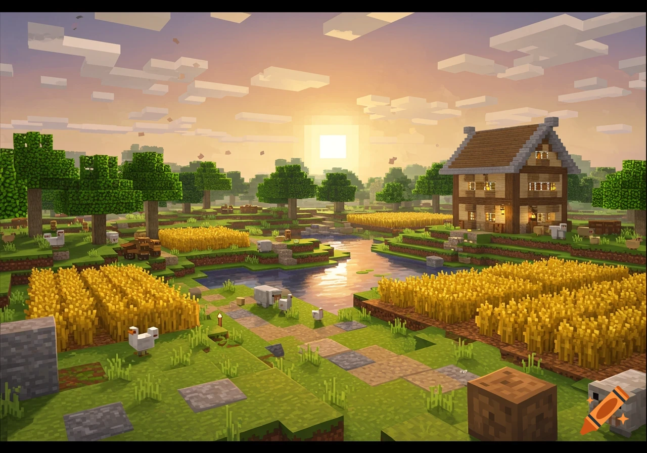 A vibrant Minecraft landscape featuring a two-story house, golden wheat fields, a winding river, trees, and scattered farm animals under a sunset sky.