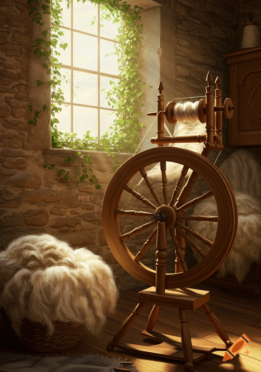 A wooden spinning wheel and basket of wool in a sunlit rustic room with a stone wall and window covered in vines.