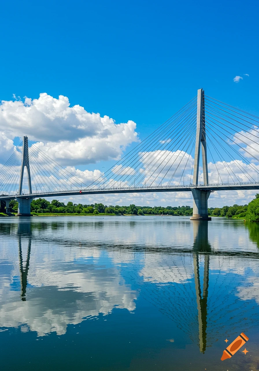 Photorealistic cable-stayed bridge over a river, blue sky with white clouds reflected in water, green banks.