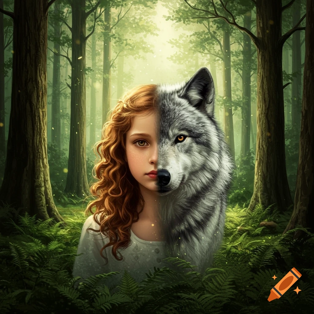 Digital painting of a young girl's face merging with a gray wolf's face, set in a lush, sunlit green forest.