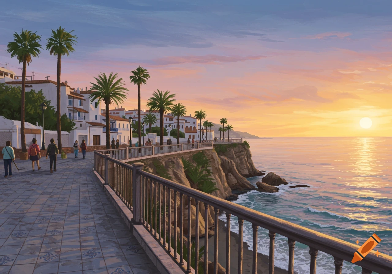 Illustrative view of a coastal promenade with white buildings, palm trees, and people at sunset overlooking the ocean and cliffs.