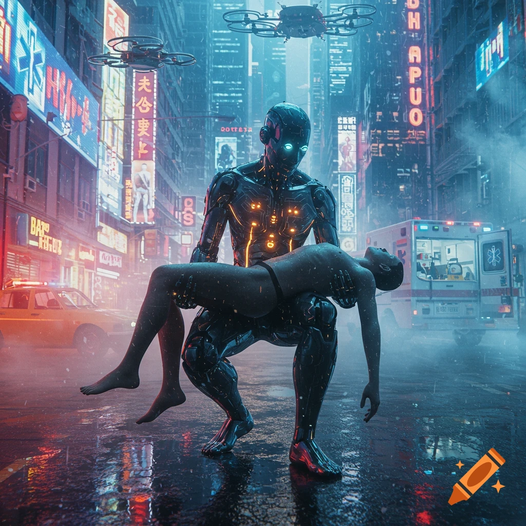 A glowing futuristic robot carries a seemingly unconscious human through a rainy, neon-lit cyberpunk city street at night, with an ambulance in the background.