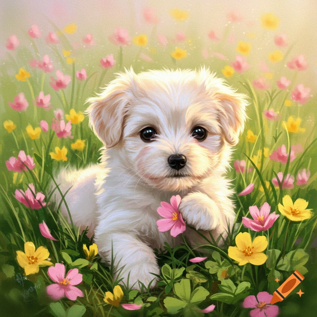 A fluffy white puppy with big eyes sits among pink and yellow flowers in a vibrant, stylized illustration.