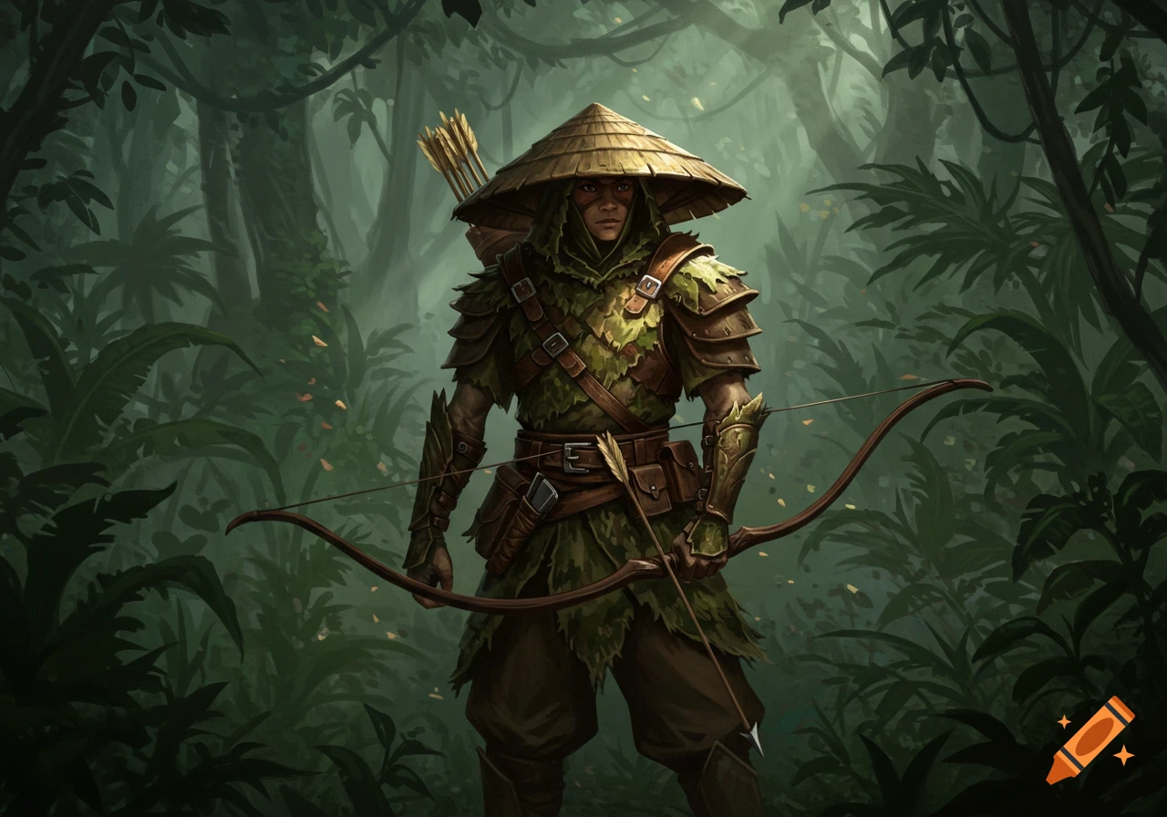 A ranger in a conical hat and leaf-like camouflage armor holds a bow and arrow in a dense jungle.