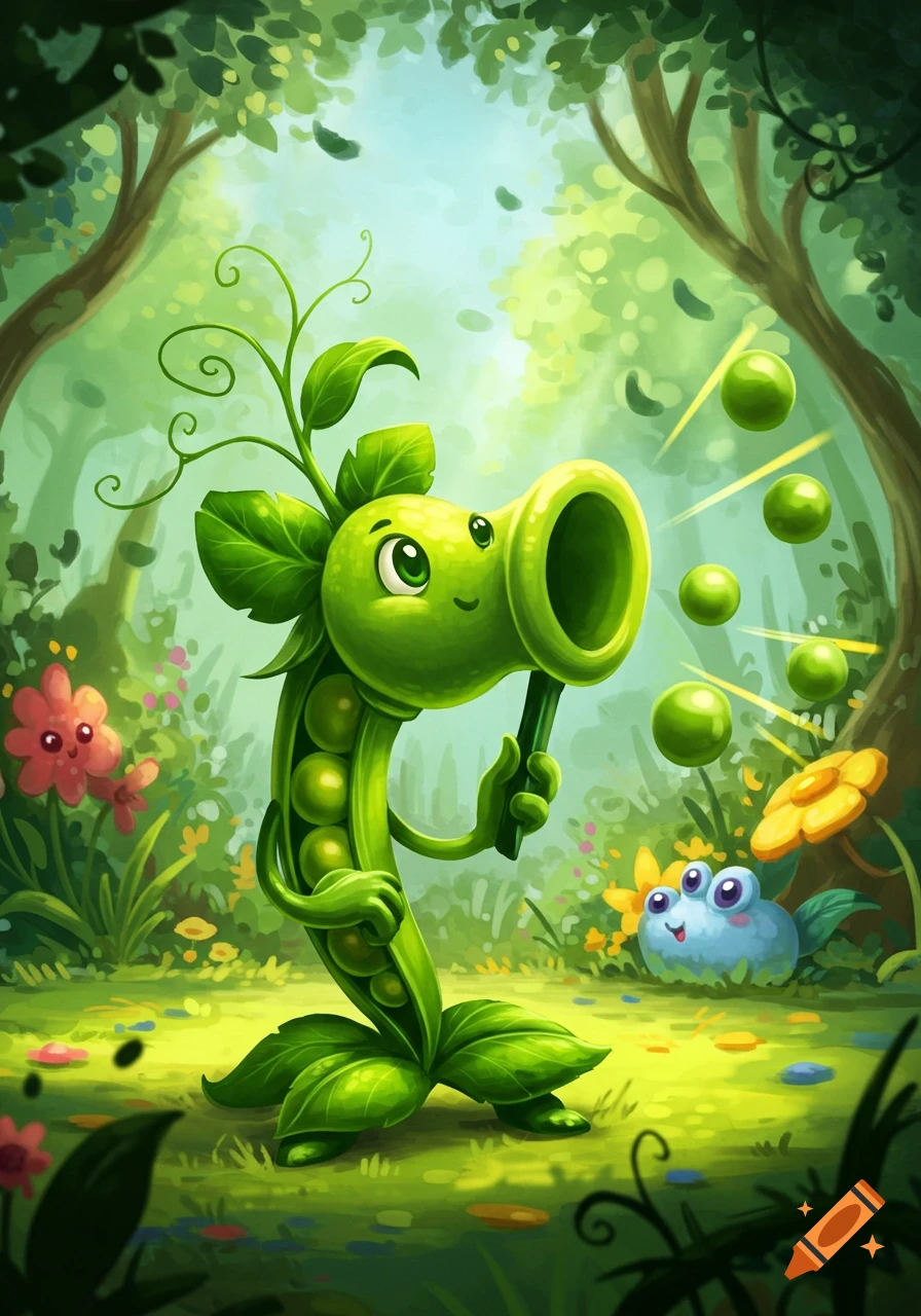 A cheerful cartoon pea shooter character shoots peas in a lush green forest, with small flowers and a blue creature in the background.