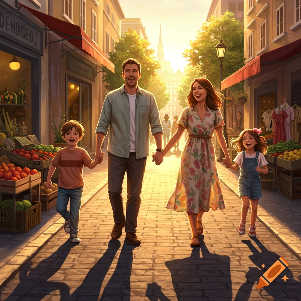 A happy family walks hand-in-hand down a sun-drenched European-style street lined with fruit stalls and shops.