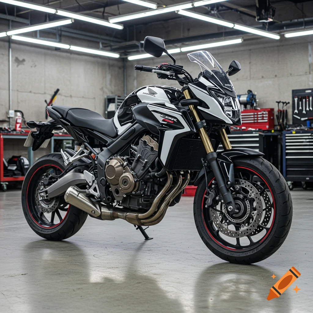 A black and white Honda CBR650F motorcycle with red-lined wheels parked in a well-lit garage.