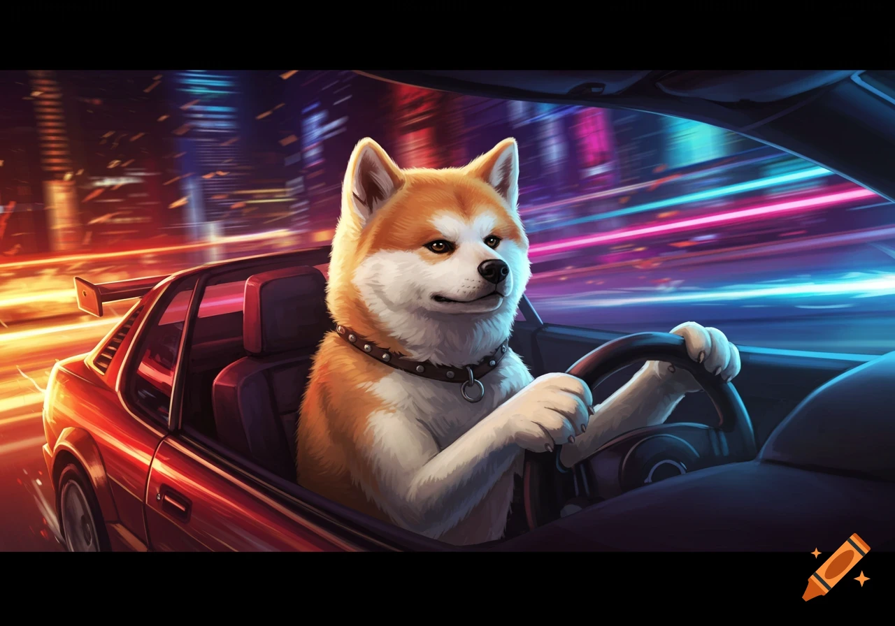 An anime illustration of an Akita Inu dog driving a red sports car through a vibrant, neon-lit city at night.
