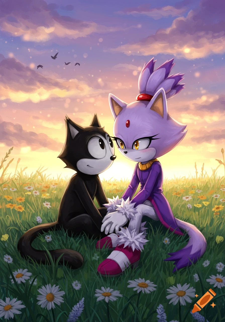 Felix the Cat and Blaze the Cat sit lovingly in a daisy field at sunset, in an illustrative cartoon style.