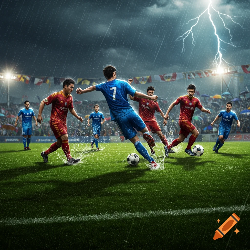 A dynamic shot of a soccer game played on a wet field under heavy rain and lightning, with players in red and blue jerseys chasing the ball.