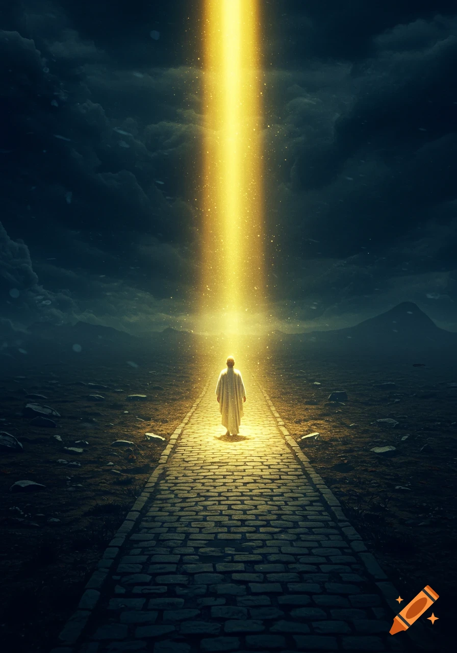 A robed figure walks on a stone path through a dark, barren landscape towards a bright golden light beam descending from a cloudy sky.