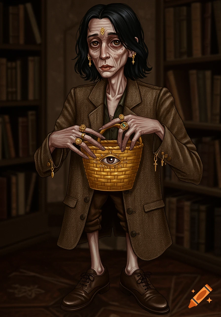 A gaunt person in a tweed jacket holds a golden woven basket with an eye, adorned with occult rings, in a library.