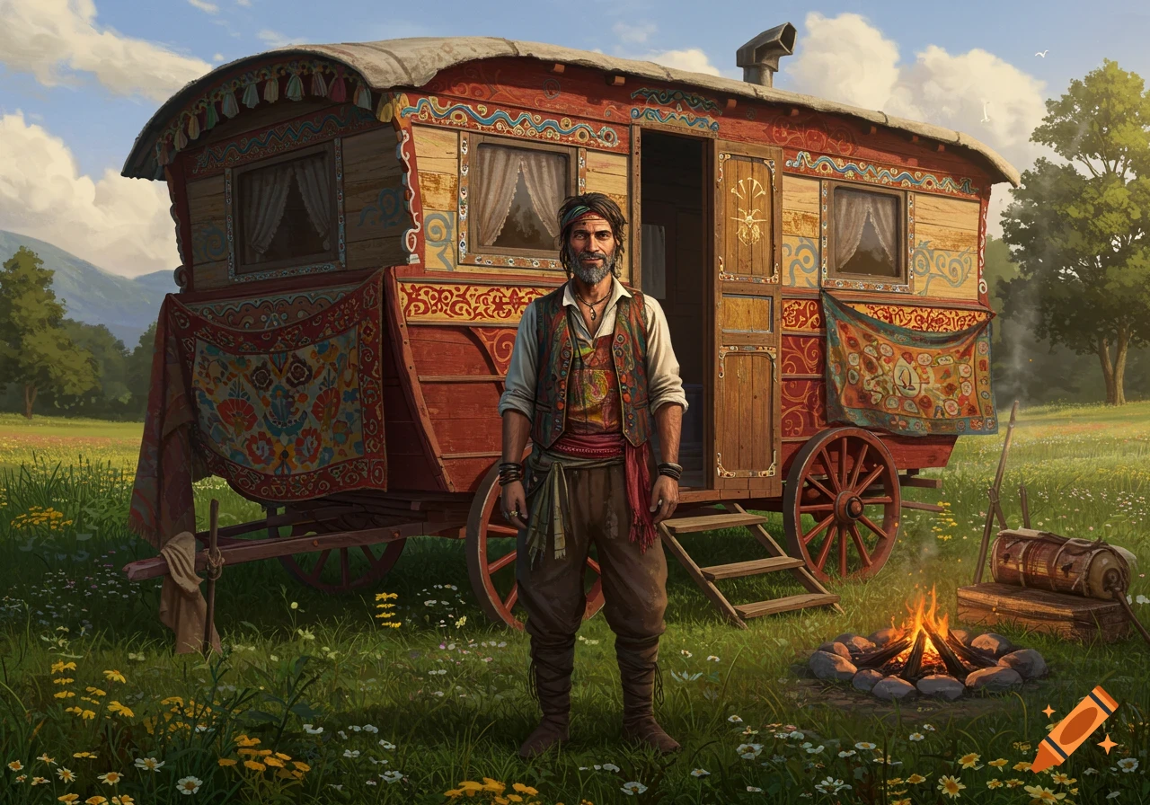 A man in traditional attire stands before a colorful, decorated wagon in a grassy field with a campfire, digital painting.