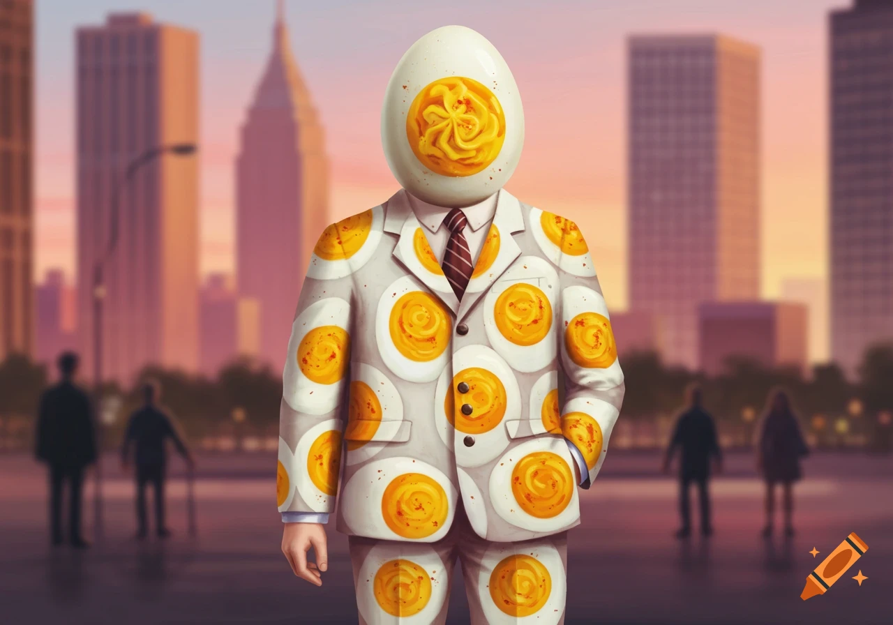A man with a deviled egg head and a suit covered in deviled eggs stands in a city with skyscrapers in the background.