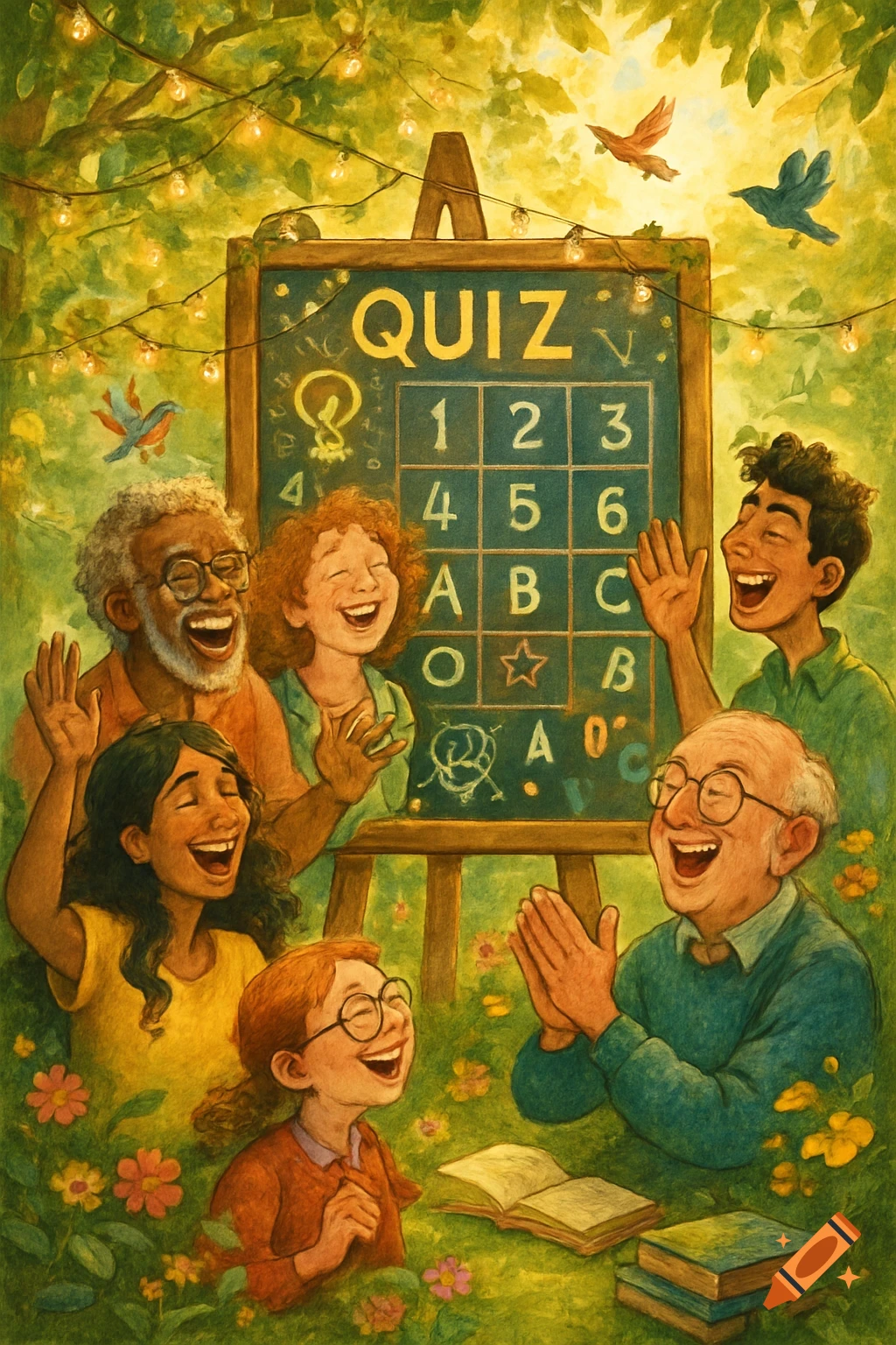 Vibrant illustration of diverse people laughing around an outdoor chalkboard with 'QUIZ' and numbers, surrounded by foliage and string lights.