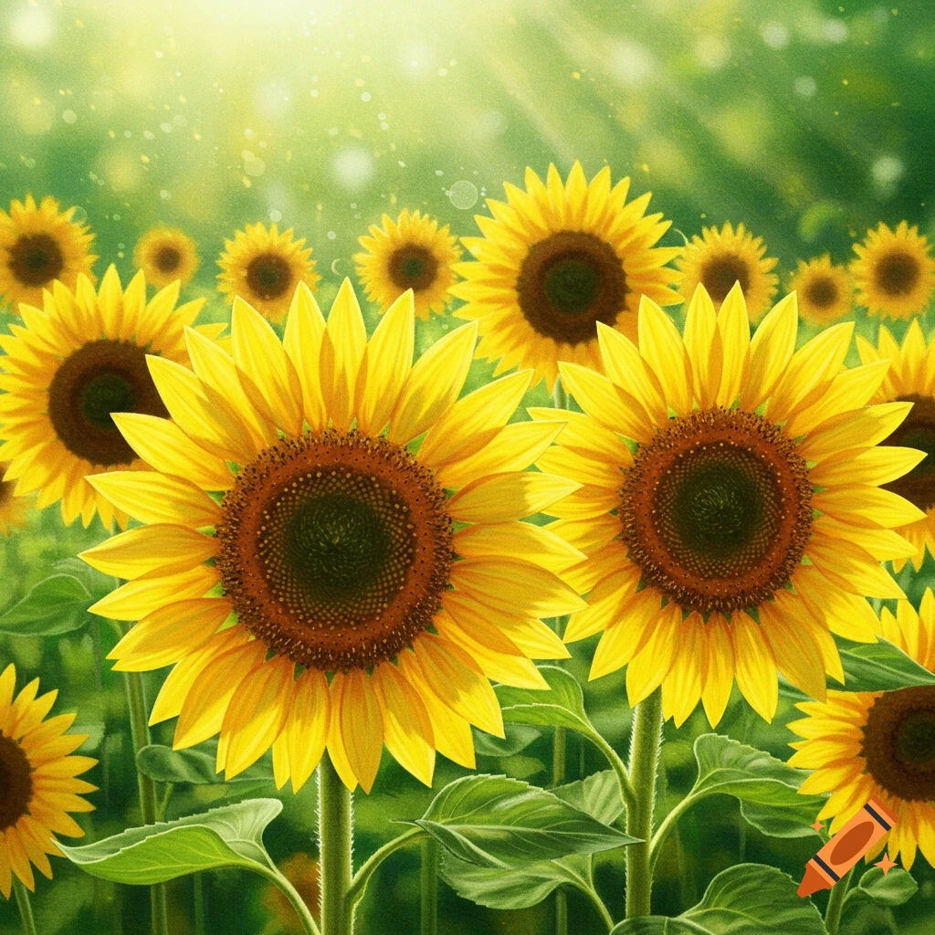 Vibrant field of bright yellow sunflowers under a sunny green sky, in a colored pencil illustration style.