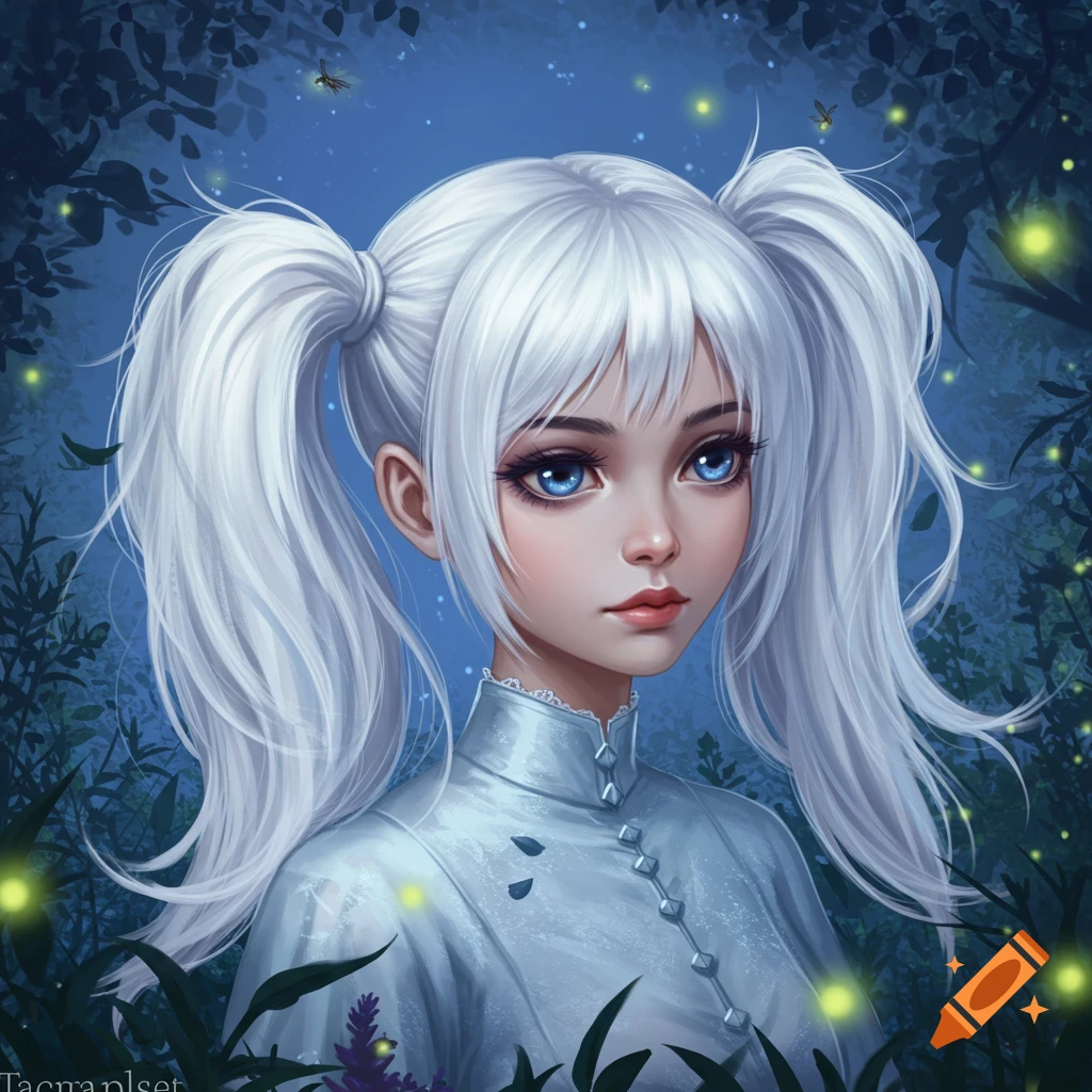 Anime illustration of a white-haired girl with blue eyes in pigtails, wearing a light blue dress, in a dark forest with glowing fireflies.