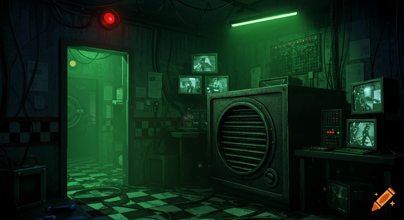 A dark, eerie security office bathed in green light, featuring a large vent, monitors displaying grainy figures, and a door on the left.