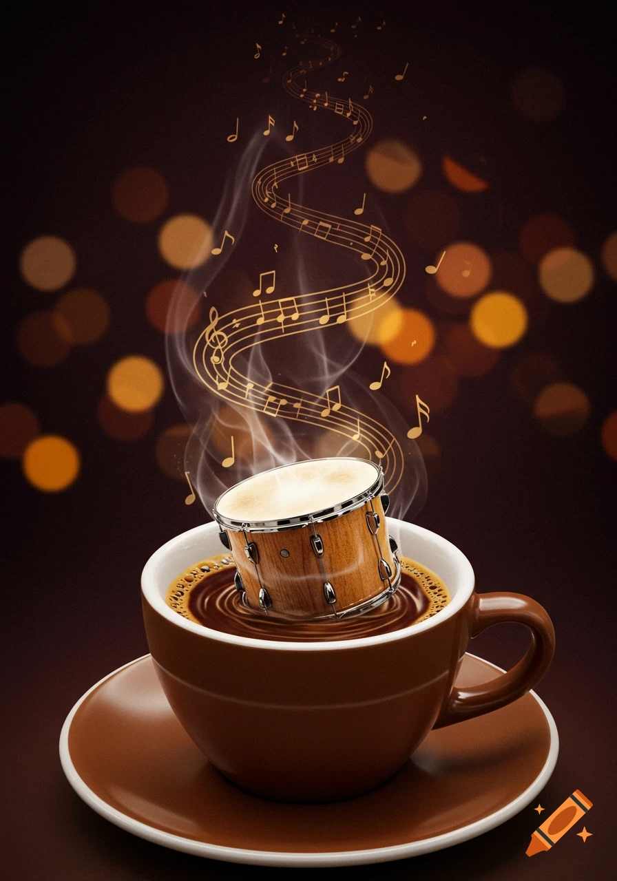 A snare drum floats in a cup of dark coffee, with steam rising as a musical staff with golden notes. Photorealistic.