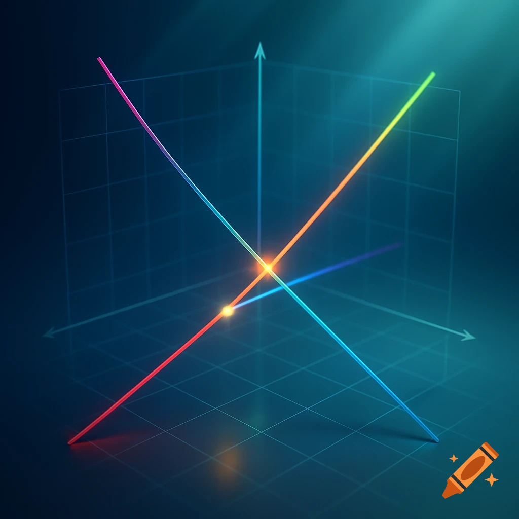 A glowing, abstract 3D coordinate system with colorful lines intersecting at the origin on a dark blue grid background.