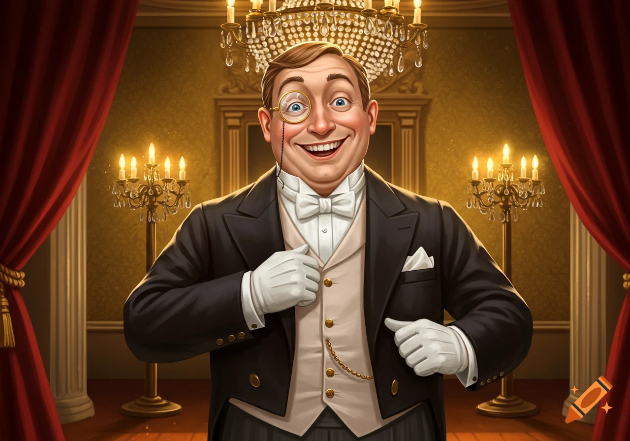 An enthusiastic cartoon man wearing a tuxedo, white gloves, and a monocle smiles broadly in a fancy, opulent room.