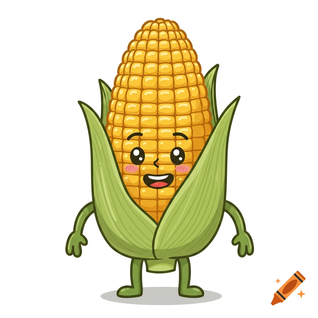 A cute cartoon yellow corn cob character with green husks, smiling face, small black eyes, pink cheeks, and green arms and legs, standing on a white background.
