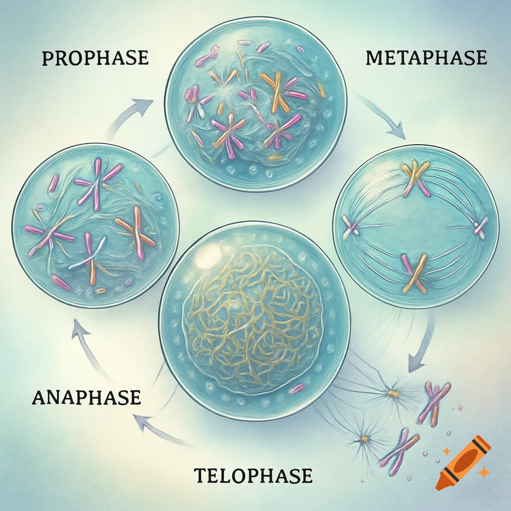 A detailed diagram illustrating the four stages of mitosis: Prophase, Metaphase, Anaphase, and Telophase, with chromosomes dividing.