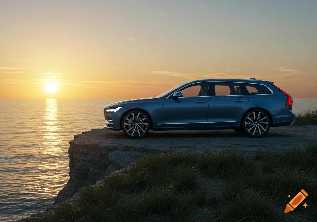 A blue Volvo V90 station wagon is parked on a cliff overlooking the ocean at sunset, with the sun low on the horizon.