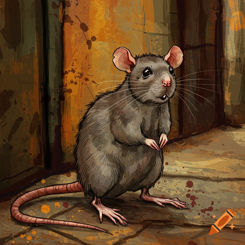 A gray rat stands on its hind legs in a dark, textured alley, rendered in an expressive illustration style.