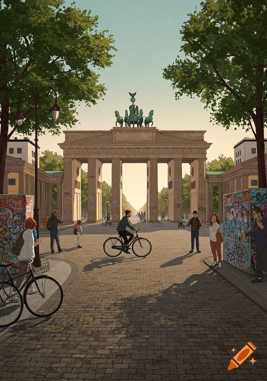 Illustration of the Brandenburg Gate in Berlin, with people walking and cycling on a cobblestone street and graffiti-covered walls.