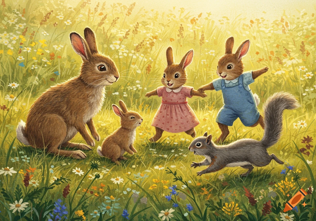 A painterly illustration of a rabbit family and a squirrel playing in a sunlit meadow with wildflowers. Two young rabbits wear clothes.