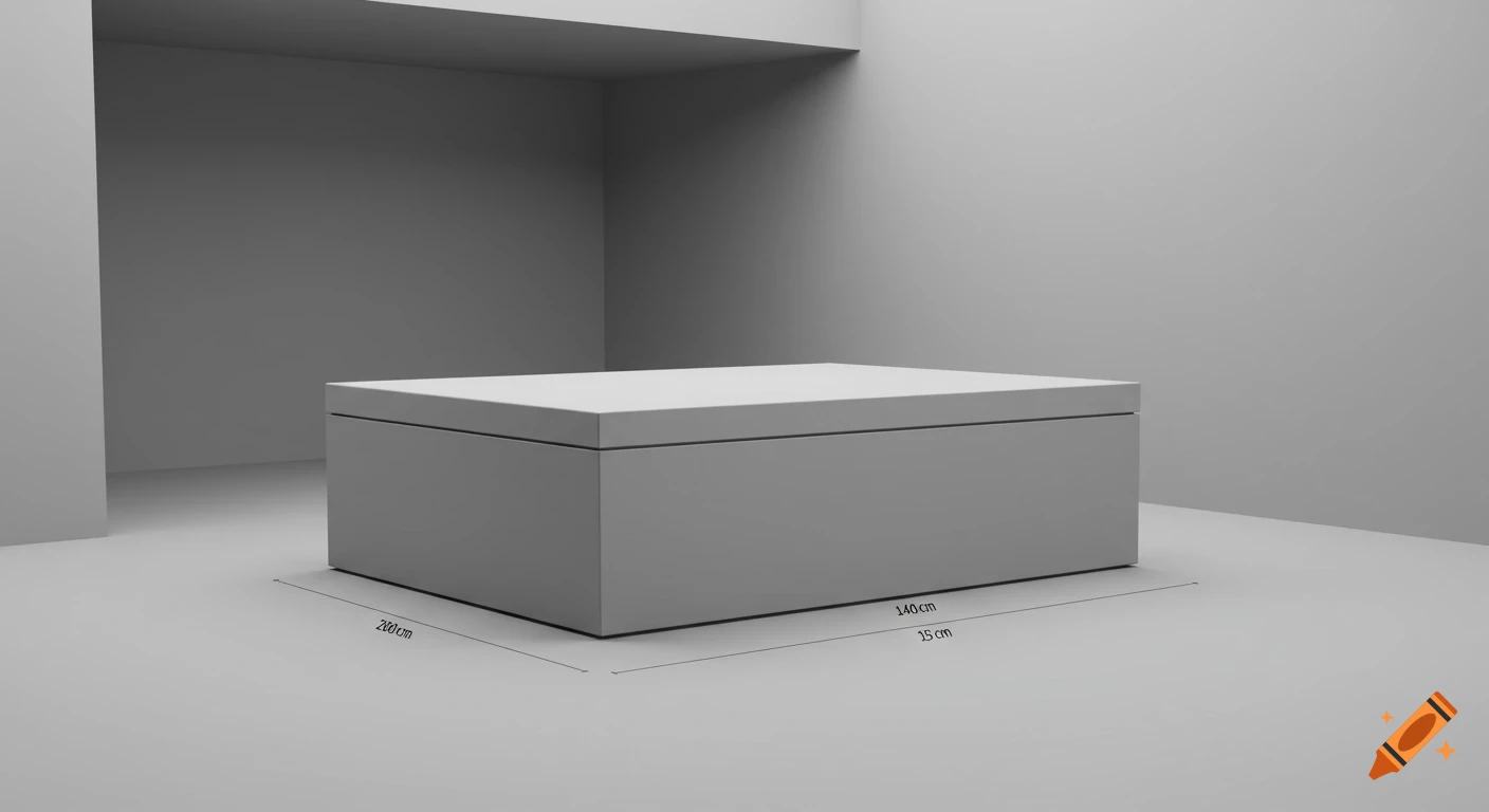 A white rectangular box with a lid in a minimalist grey room, displaying dimensions 200cm, 140cm, and 15cm.