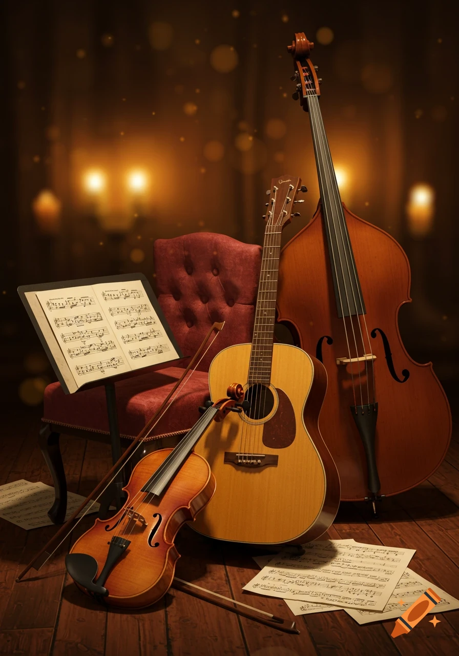 A still life of a violin, acoustic guitar, and double bass leaning against a red chair, with sheet music in a warm, dimly lit room.