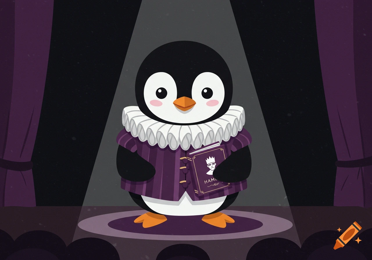 A cute cartoon penguin dressed in a purple Shakespearean outfit and ruff holds a book titled "HAMLET" on a spotlighted stage.