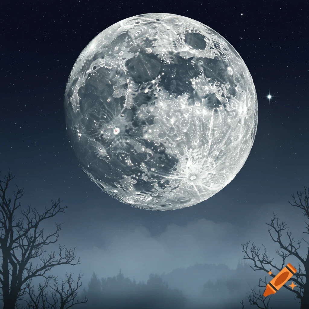 A large, detailed full moon, with glowing craters, in a starry night sky over silhouetted bare trees and a misty landscape.