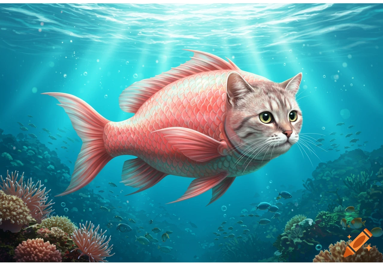 A gray tabby cat head on a pink fish body swims underwater among coral reefs with sunrays filtering through.