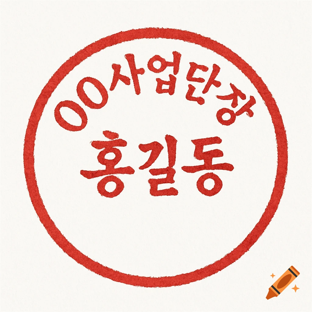 Red circular Korean seal with Korean text 'OO사업단장' and '홍길동' on a white background, in a traditional stamp style.