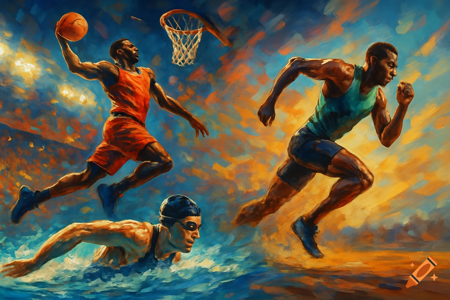 Painterly artwork of a basketball player dunking, a runner, and a swimmer in action against a vibrant, abstract background.