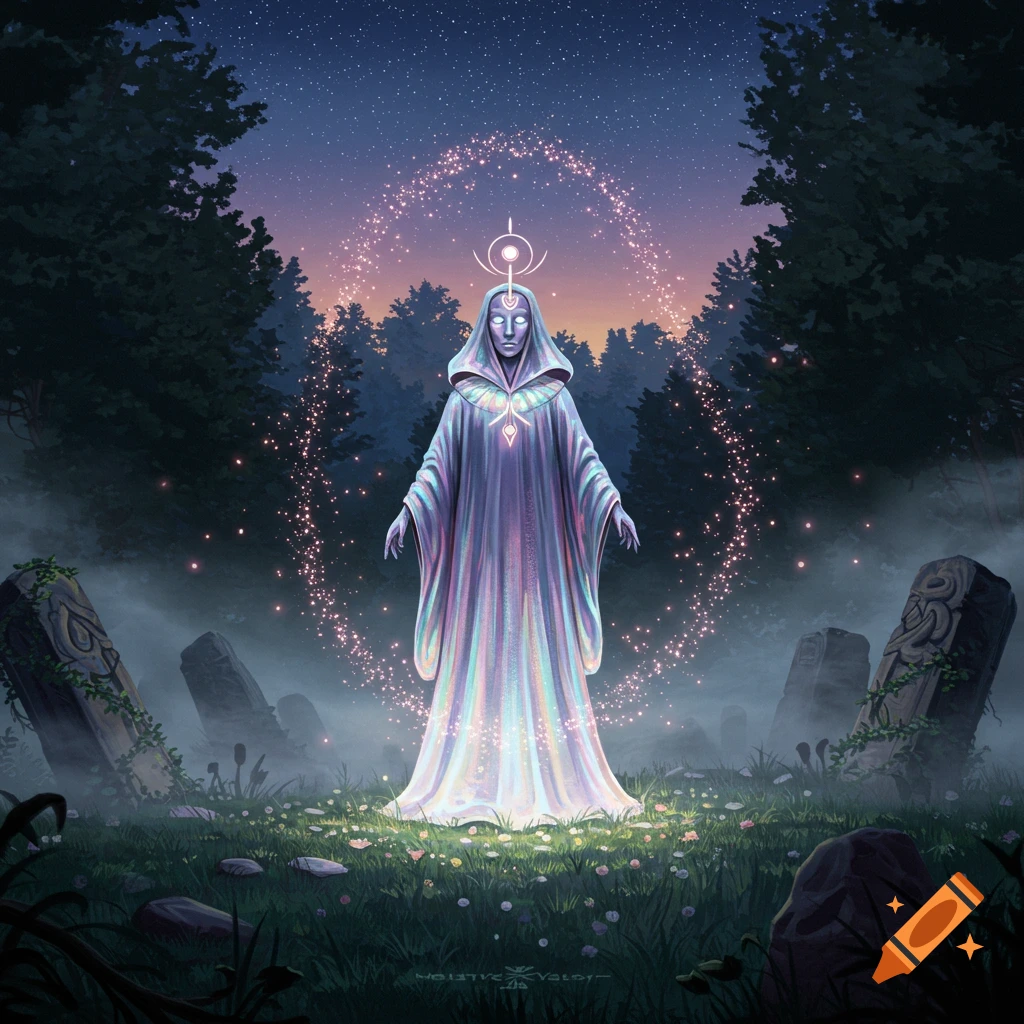 A robed, glowing figure with white eyes stands in a misty forest at night, surrounded by ancient stone monoliths and sparkling light.