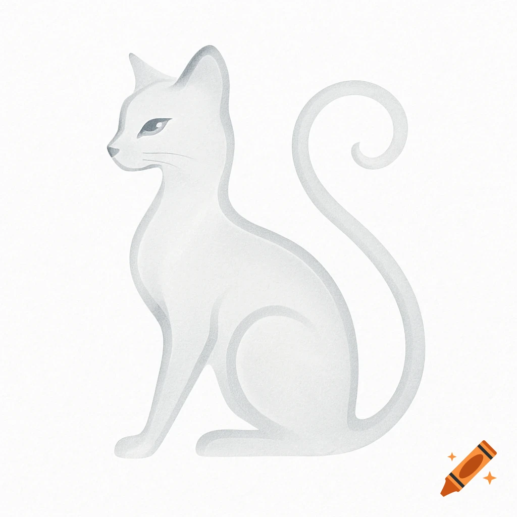A stylized white cat with light gray outlines and a curled tail sits in profile.